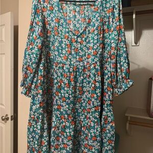 Umgee Teal Floral Long Sleeve Dress